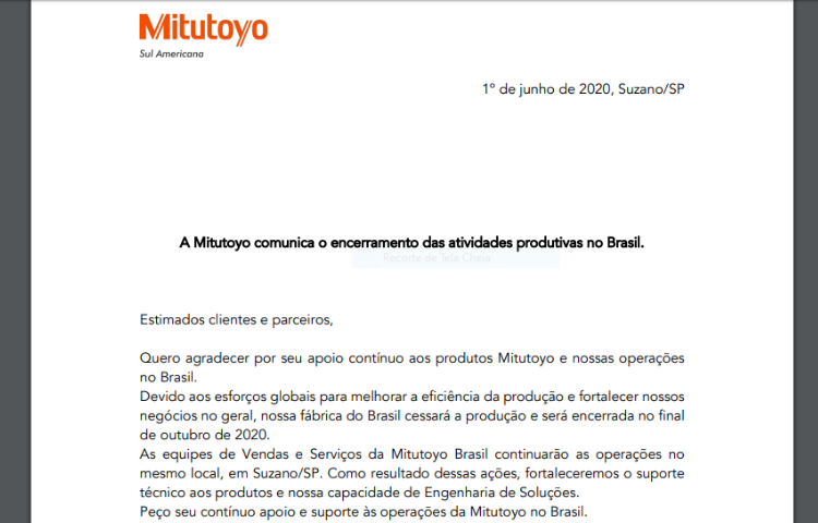 Mitutoyo encerra a produção no Brasil